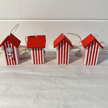 Load image into Gallery viewer, Set of 4 Red and white beach hut light pulls| Nautical Theme Wooden Beach Hut Cord Pull Light Pulls