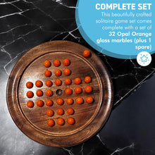 Load image into Gallery viewer, 22cm Diameter wooden SOLITAIRE BOARD GAME with OPAL ORANGE GLASS MARBLES | classic wooden solitaire game | strategy board game | family board game | games for one | board games