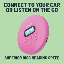 Load image into Gallery viewer, Pink Oakcastle CD100 RECHARGEABLE BLUETOOTH CD PLAYER | 12hr Portable Playtime | In Car Compatible Personal CD Player | Headphones Included, AUX Output, Anti-Skip Protection, Custom EQ, CD Walkman (Pink)