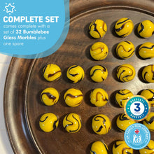 Load image into Gallery viewer, 30cm Diameter WOODEN SOLITAIRE BOARD GAME with BUMBLEBEE GLASS MARBLES | classic wooden solitaire game | strategy board game | family board game | games for one | board games