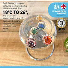 Load image into Gallery viewer, GALILEO THERMOMETER LIGHT BULB SHAPED on Stand | Multicoloured | Temperature Gauge | with 5 floating temperature baubles