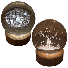 Load image into Gallery viewer, Set of Two 3D Crystal Ball Night Light USB Lamp with Galaxy and Reindeer designs, elegant modern illumination for any room