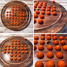 Load image into Gallery viewer, 22cm Diameter wooden SOLITAIRE BOARD GAME with OPAL ORANGE GLASS MARBLES | classic wooden solitaire game | strategy board game | family board game | games for one | board games