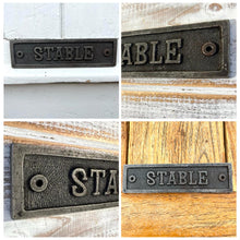 Load image into Gallery viewer, Cast iron antique style stable door plaque | horse stable | door decor |metal plaque | door sign | 15.5cm x 4cm