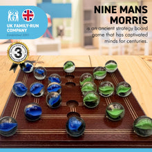 Load image into Gallery viewer, Nine Mans Morris marble game with wooden board | Quirky strategy solitaire marble game | includes 20 glass marbles and wooden board | 14cm x 14cm | Mill Game | Traditional wooden game