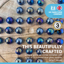 Load image into Gallery viewer, 30cm Diameter MANGO WOOD SOLITAIRE BOARD GAME with Lustered Blue Glass Marbles | |classic wooden solitaire game | strategy board game | family board game | games for one | board games