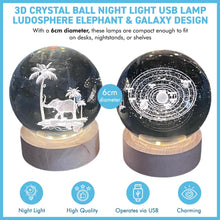 Load image into Gallery viewer, Set of Two 3D Crystal Ball Night Light USB Lamp with Galaxy and Elephant designs, elegant modern illumination for any room