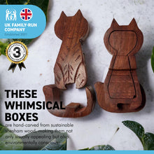 Load image into Gallery viewer, 4-piece Pussy Cat Wooden Puzzle Box | Wooden Cat Puzzle Box | Handmade wooden puzzle box | Handmade Wooden trinket secrets Box | Sustainable Shesham wooden hand carved box | 17cm (w) x 5cm (h)