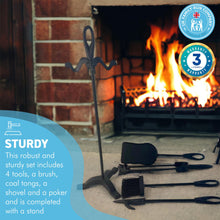 Load image into Gallery viewer, Metal matt black turn-handled 5-piece fireside companion set | Fire companion sets | includes stand, brush, tongs, poker, and shovel | 47cm high | wood burner set | Fireside tools accessories | Fire set