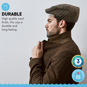 Unisex 60cm L/XL TWEED Flat Cap |Mixed Wool Polyester Green Tweed Country Cap | Tweed Hat | Peaked Cap | Black Quilted Lining