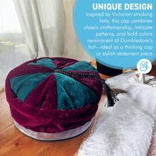 Load image into Gallery viewer, Size 58cm, medium, Handmade Nepalese maroon and deep green velvet Smoking Cap with traditional Tibetan design, lightweight, stylish design