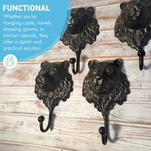 Load image into Gallery viewer, Set of Four Sturdy Wall-Mounted Cast Iron Lion Head Hook Hanger for Hats, Coats, Clothes - Perfect for Kitchen, Bathroom, Bedroom, Office