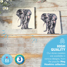 Load image into Gallery viewer, 2 x ELEPHANT STONE COASTERS | Stone Coasters | Animal novelty gift | Coaster for glass, mugs and cups| Square coaster for drinks | Elephant gift | Meg Hawkins art | 10cm x 10cm