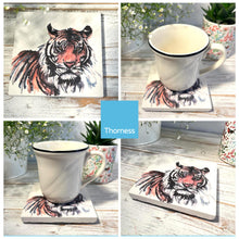 Load image into Gallery viewer, TIGER STONE COASTER | Stone Coasters | Animal novelty gift | Coaster for glass, mugs and cups| Square coaster for drinks | Tiger gift | Meg Hawkins art | 10cm x 10cm
