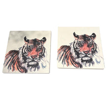 Load image into Gallery viewer, 2 x TIGER STONE COASTERS | Stone Coasters | Animal novelty gift | Coaster for glass, mugs and cups| Square coaster for drinks | Tiger gift | Meg Hawkins art | 10cm x 10cm
