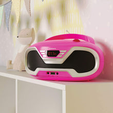 Load image into Gallery viewer, Pink Oakcastle CD200 PORTABLE CD PLAYER BOOMBOX with Bluetooth & FM Radio, 3.5mm AUX headphone jack and USB input, mains and battery music system for adults and children with stereo sound speakers