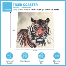 Load image into Gallery viewer, TIGER STONE COASTER | Stone Coasters | Animal novelty gift | Coaster for glass, mugs and cups| Square coaster for drinks | Tiger gift | Meg Hawkins art | 10cm x 10cm