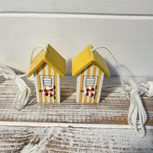Load image into Gallery viewer, Pair of Yellow beach hut light pulls | Nautical Theme Wooden Beach Hut Cord Pull Light Pulls