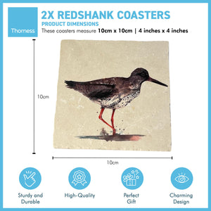 2 x REDSHANK STONE COASTERS | Stone Coasters | Animal novelty gift | Coaster for glass, mugs and cups| Square coaster for drinks | Bird gift | Meg Hawkins art | 10cm x 10cm