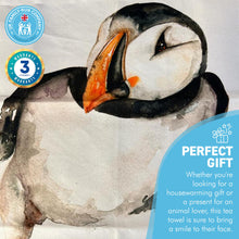 Load image into Gallery viewer, CURIOUS PUFFIN TEA TOWEL | 100% Cotton | Large kitchen towel for drying| Hand towel with group of Puffins | Puffin themed gift | Beach Gift | Cotton tea towel | 70 cm x 50 cm