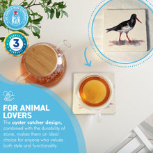 Load image into Gallery viewer, OYSTER CATCHER STONE COASTER | Stone Coasters | Animal novelty gift | Coaster for glass, mugs and cups| Square coaster for drinks | Beach gift | Meg Hawkins art | 10cm x 10cm