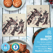 Load image into Gallery viewer, 2 x GIRAFFE STONE COASTERS | Stone Coasters | Animal novelty gift | Coaster for glass, mugs and cups| Square coaster for drinks | Giraffe gift | Meg Hawkins art | 10cm x 10cm