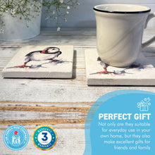 Load image into Gallery viewer, 2 x CURIOUS PUFFIN STONE COASTERS | Stone Coasters | Animal novelty gift | Coaster for glass, mugs and cups| Square coaster for drinks | Puffin gift | Meg Hawkins art | 10cm x 10cm