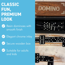 Load image into Gallery viewer, DOMINOES SET IN WOODEN STORAGE BOX – Chrome Inlay Lid – Resin Tiles – Classic Game for Family & Friends