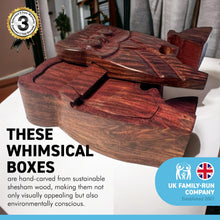 Load image into Gallery viewer, 4-piece Owl Wooden Puzzle Box | Wooden Owl Puzzle Box | Handmade wooden puzzle box | Handmade Wooden trinket secrets Box | Sustainable Shesham wooden hand carved box | 12cm (w) x 5cm (h)