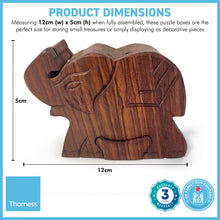 Load image into Gallery viewer, 4-piece Elephant Wooden Puzzle Box | Wooden Elephant Puzzle Box | Handmade wooden puzzle box | Handmade Wooden trinket secrets Box | Sustainable Shesham wooden hand carved box | 12cm (w) x 5cm (h)