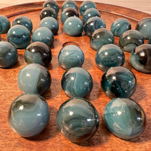 Load image into Gallery viewer, 30cm Diameter DARK WOOD SOLITAIRE BOARD GAME with Midnight Blue Glass Marbles | |classic wooden solitaire game | strategy board game | family board game | games for one | board games