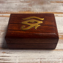 Load image into Gallery viewer, Wooden trinket box with Eye of Horas design on lid | Keepsake Box | Ring box |Dice Box