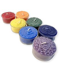 Load image into Gallery viewer, Chakra tea light candles set of 7 | each a different colour and with a different fragrance to represent 7 chakras | 100% pure natural Palm Wax and contain 3% pure essential oils
