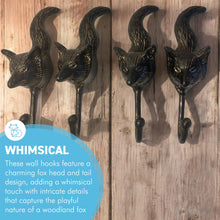 Load image into Gallery viewer, Set of Four Sturdy Wall Mounted Cast Iron Fox Head Hook Hanger for Hat, Coat, Clothes - Ideal for Kitchen, Bathroom, Bedroom, Office
