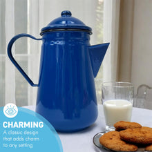 Load image into Gallery viewer, Elegant Traditional Blue Enamel Coffee Pot 1.5 Pint Capacity, Ideal for Home and Outdoor Use with Handle and Lid