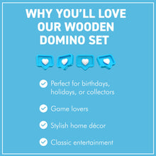 Load image into Gallery viewer, DOMINOES SET IN WOODEN STORAGE BOX – Chrome Inlay Lid – Resin Tiles – Classic Game for Family & Friends