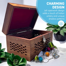Load image into Gallery viewer, Handcrafted Sheesham Wood Keepsake Trinket Box with Brass Leaf Inlay on Lid & Intricate Jali Openwork Around Sides