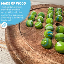 Load image into Gallery viewer, 22cm Diameter wooden SOLITAIRE BOARD GAME with GREEN LEPRECHAUN GLASS MARBLES | classic wooden solitaire game | strategy board game | family board game | games for one | board games