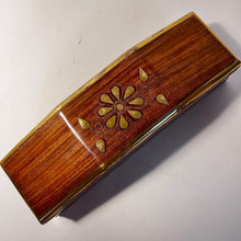 Load image into Gallery viewer, Wooden Treasure Chest Trinket Box with Tapered Ends and Brass Floral Inlay | Shesham Rosewood Keepsake Box, Distressed Finish, 25cm x 7cm x 9cm