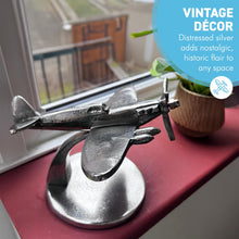 Load image into Gallery viewer, Distressed Silver Aluminum Spitfire Model Plane on Stand – Vintage Aircraft Decor Collectible