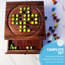 Load image into Gallery viewer, Wooden Solitaire with Drawer for Leprechaun Marbles | Travel Games | Strategic & Traditional Games | Perfect for Adults & Family Fun