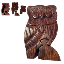 Load image into Gallery viewer, 4-piece Owl Wooden Puzzle Box | Wooden Owl Puzzle Box | Handmade wooden puzzle box | Handmade Wooden trinket secrets Box | Sustainable Shesham wooden hand carved box | 12cm (w) x 5cm (h)