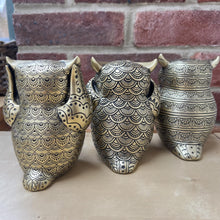 Load image into Gallery viewer, Set of three 13 cm (H) Golden Owl Figurines – Hear No Evil, See No Evil, Speak No Evil - Polystone Collectible Ornaments for Home Decor