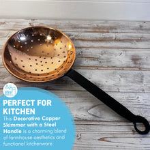 Load image into Gallery viewer, Large Decorative Copper Strainer & Skimmer Antique Farmhouse Décor, Slotted Copper Scoop for Hanging Kitchen Display, Vintage Style