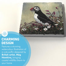 Load image into Gallery viewer, Green Stone Coaster with Puffin Image, Wildlife Watercolour Design, Wildlife Coaster