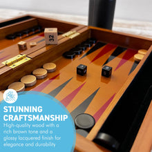 Load image into Gallery viewer, Deluxe 30cm Lacquered Wood Backgammon Set with Premium Leather Dice Cup with Varnished Wooden Game Chips