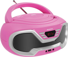 Load image into Gallery viewer, Pink Oakcastle CD200 PORTABLE CD PLAYER BOOMBOX with Bluetooth & FM Radio, 3.5mm AUX headphone jack and USB input, mains and battery music system for adults and children with stereo sound speakers