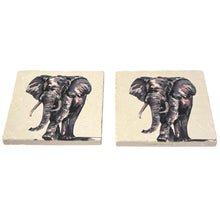 Load image into Gallery viewer, 2 x ELEPHANT STONE COASTERS | Stone Coasters | Animal novelty gift | Coaster for glass, mugs and cups| Square coaster for drinks | Elephant gift | Meg Hawkins art | 10cm x 10cm