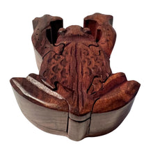 Load image into Gallery viewer, 7-piece Frog Wooden Puzzle Box | Wooden Frog Puzzle Box | Handmade wooden puzzle box | Handmade Wooden trinket secrets Box | Sustainable Shesham wooden hand carved box | 14cm (w) x 5cm (h)