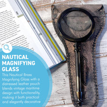 Load image into Gallery viewer, Nautical 20cm Brass Handheld Magnifying Glass with distressed leather pouch - maritime decor